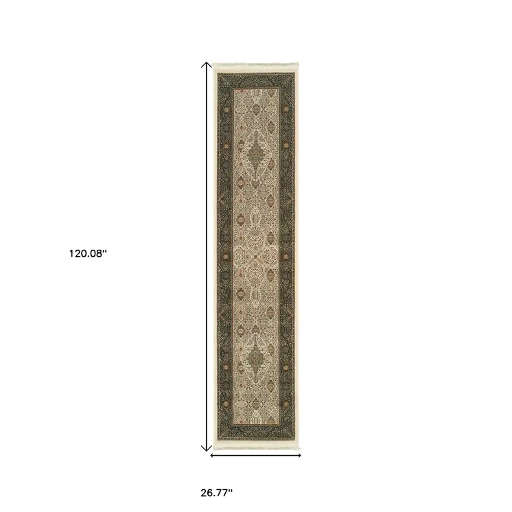 10' Ivory And Dark Blue Medallion Runner Rug With Fringe