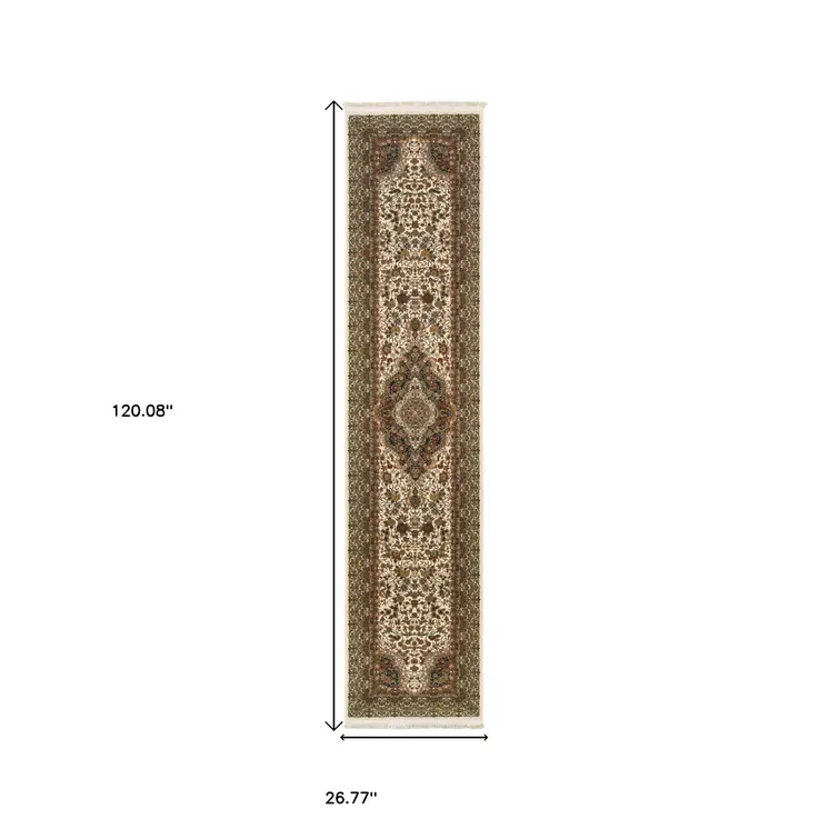 10' Ivory Black And Light Brown Medallion Runner Rug With Fringe