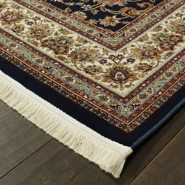 10' Dark Blue And Ivory Medallion Runner Rug With Fringe