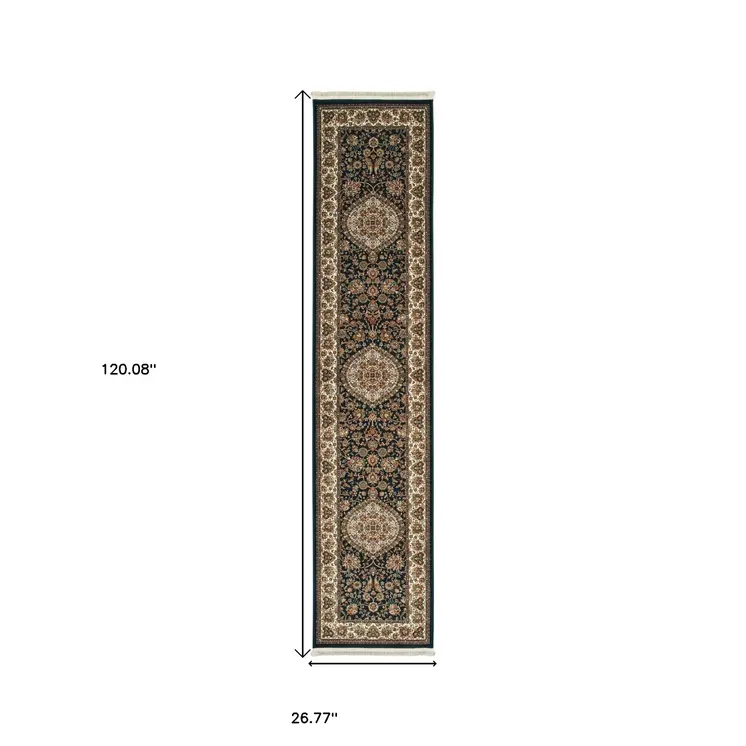 10' Dark Blue And Ivory Medallion Runner Rug With Fringe