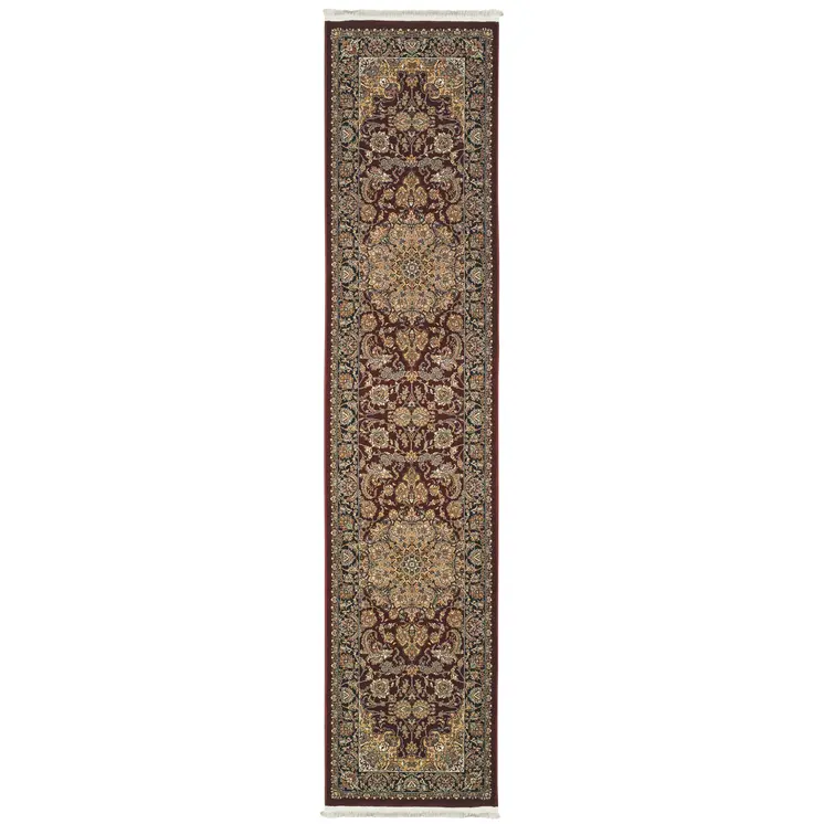 10' Red Light Brown And Ivory Medallion Runner Rug With Fringe