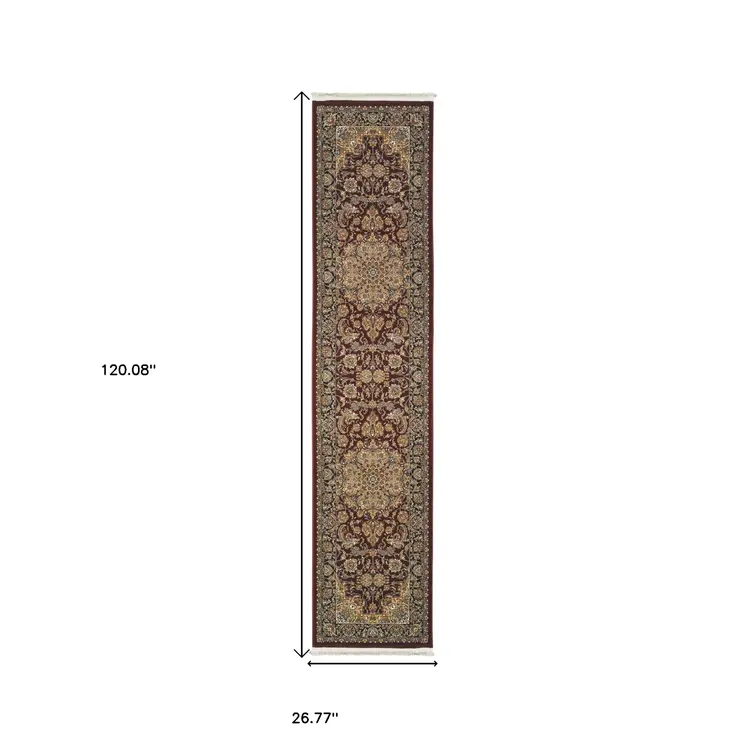 10' Red Light Brown And Ivory Medallion Runner Rug With Fringe
