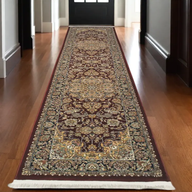 10' Red Light Brown And Ivory Medallion Runner Rug With Fringe