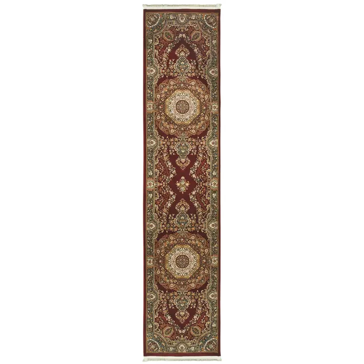 10' Red Light Brown And Ivory Medallion Runner Rug With Fringe