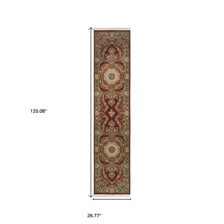 10' Red Light Brown And Ivory Medallion Runner Rug With Fringe