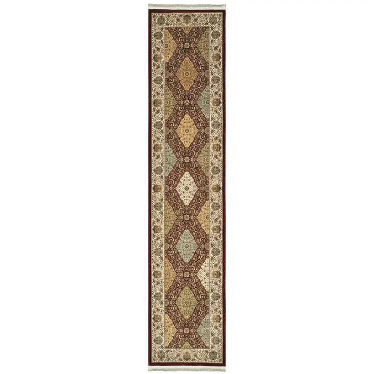 10' Red Light Brown And Ivory Oriental Runner Rug With Fringe