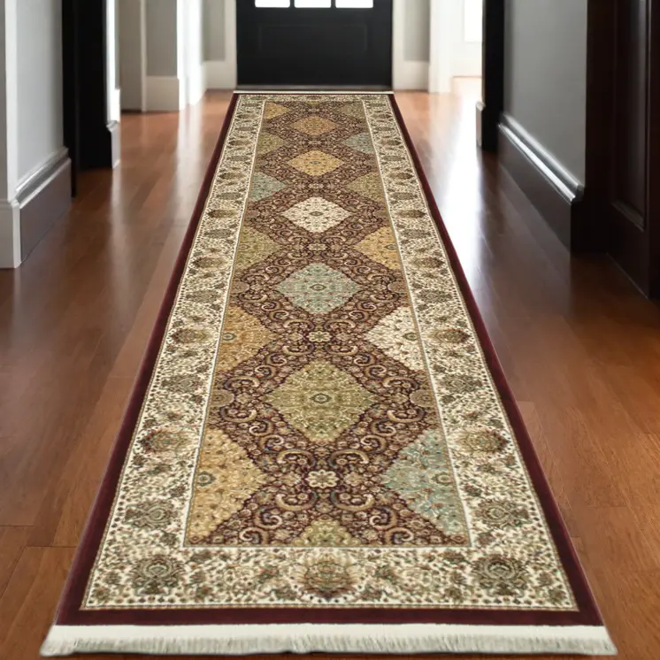10' Red Light Brown And Ivory Oriental Runner Rug With Fringe