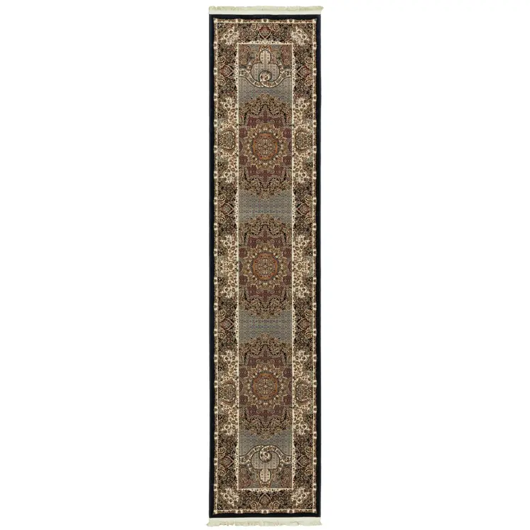 10' Blue And Red Medallion Runner Rug With Fringe