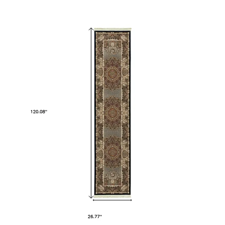10' Blue And Red Medallion Runner Rug With Fringe