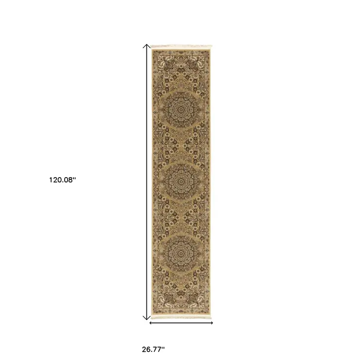 10' Gold And Ivory Medallion Runner Rug With Fringe