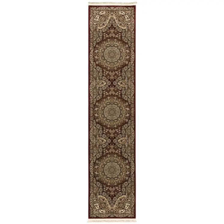 10' Red And Gold Medallion Runner Rug With Fringe