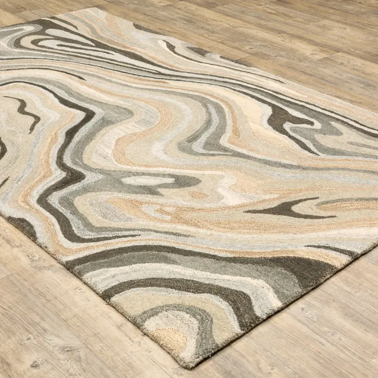 5' X 8' Beige And Charcoal Wool Abstract Hand Tufted Area Rug