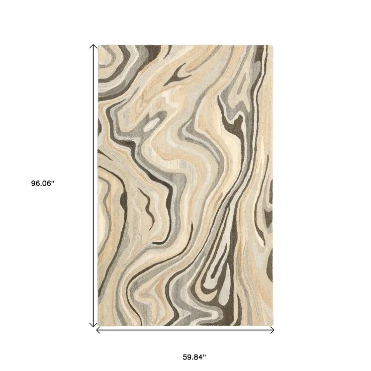 5' X 8' Beige And Charcoal Wool Abstract Hand Tufted Area Rug