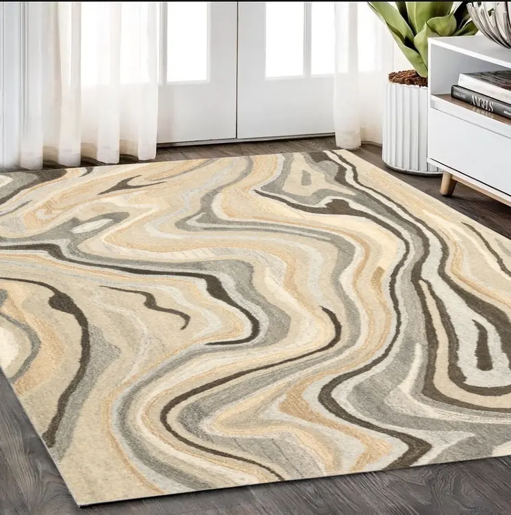 5' X 8' Beige And Charcoal Wool Abstract Hand Tufted Area Rug