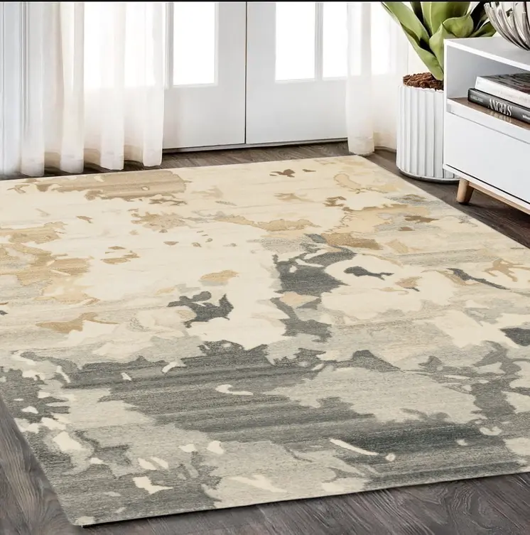 5' X 8' Beige And Charcoal Wool Abstract Hand Tufted Area Rug