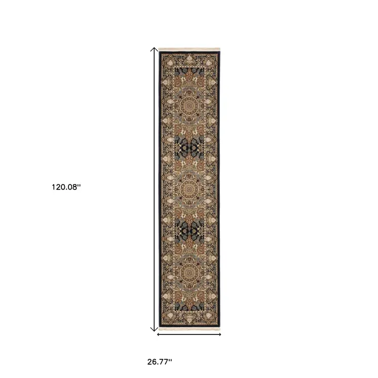 10' Navy Blue Light Brown And Ivory Medallion Runner Rug With Fringe