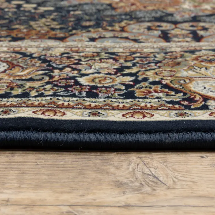 10' Navy Blue Light Brown And Ivory Medallion Runner Rug With Fringe