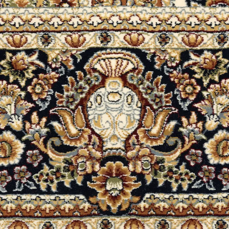 10' Navy Blue Light Brown And Ivory Medallion Runner Rug With Fringe