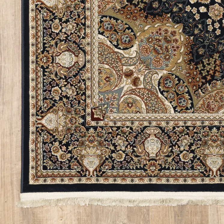 10' Navy Blue Light Brown And Ivory Medallion Runner Rug With Fringe