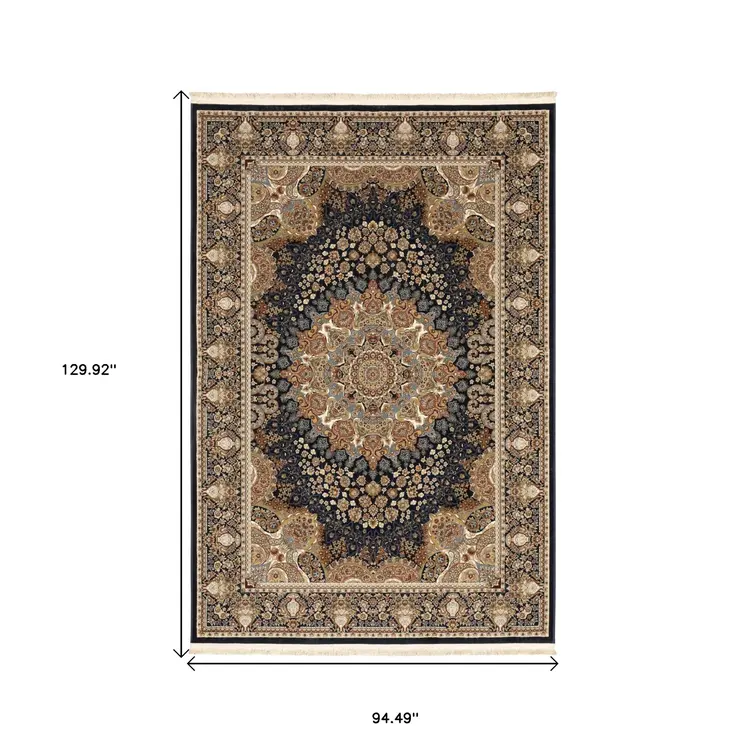 8' X 11' Navy Blue Light Brown And Ivory Medallion Area Rug With Fringe