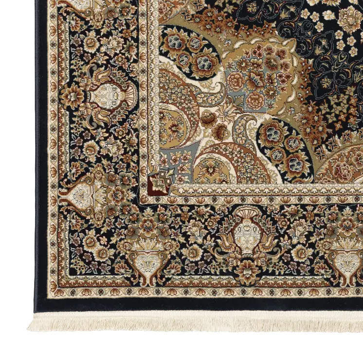 8' X 11' Navy Blue Light Brown And Ivory Medallion Area Rug With Fringe