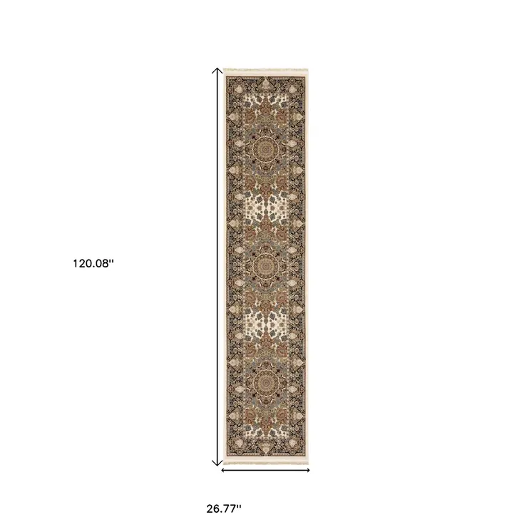 10' Ivory Brown And Black Medallion Runner Rug With Fringe