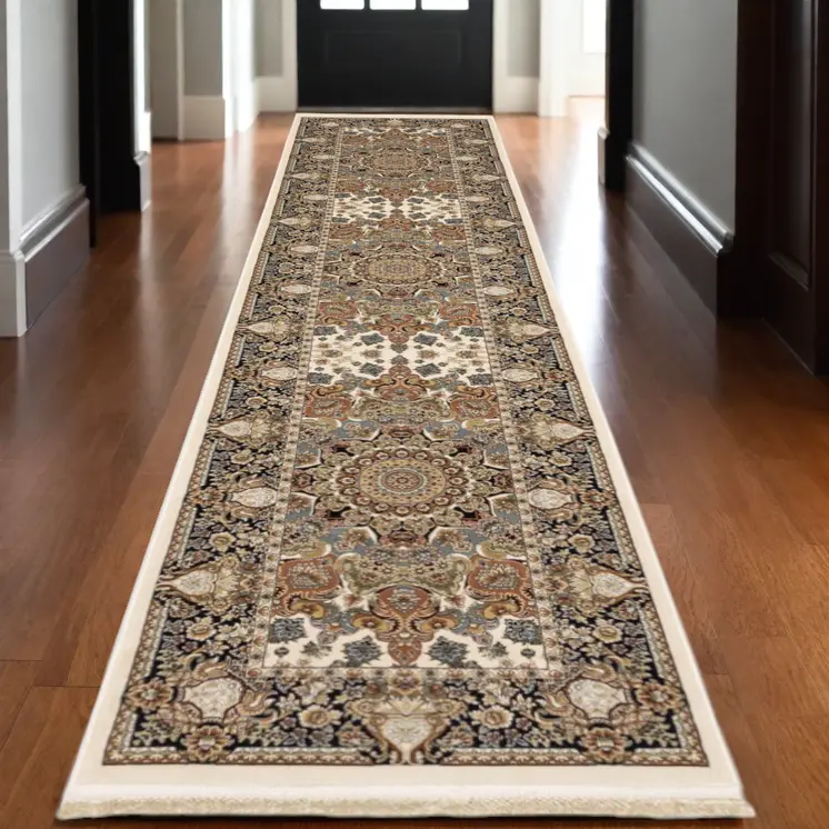 10' Ivory Brown And Black Medallion Runner Rug With Fringe