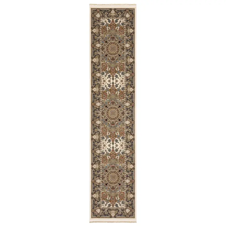 10' Ivory Brown And Black Medallion Runner Rug With Fringe