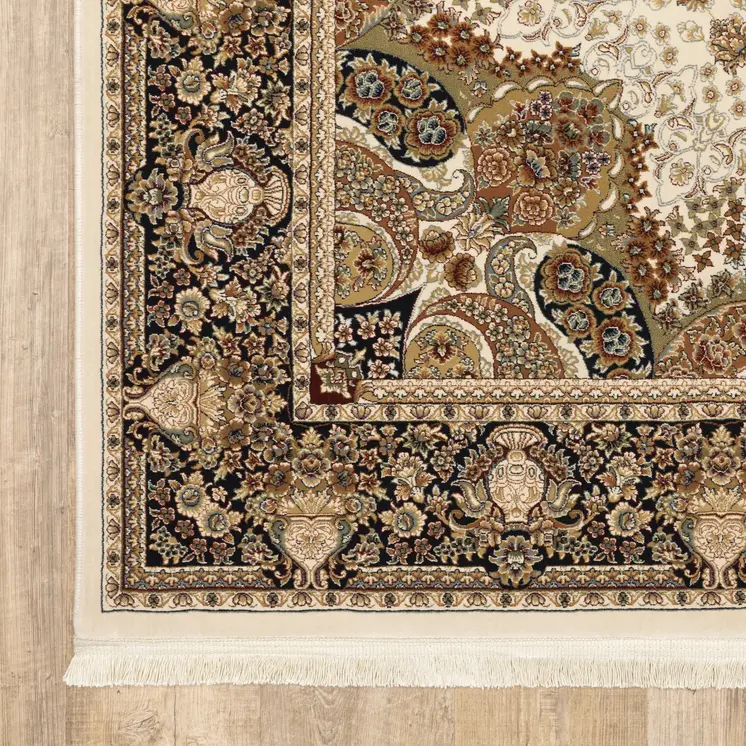 10' Ivory Brown And Black Medallion Runner Rug With Fringe