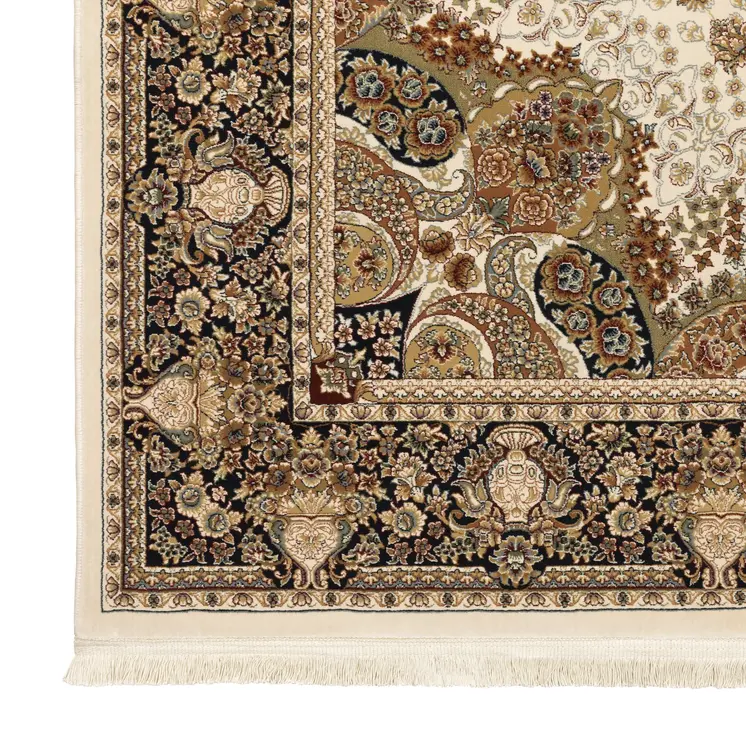 10' Ivory Brown And Black Medallion Runner Rug With Fringe