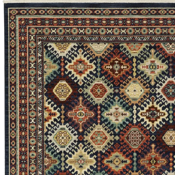 5' X 8' Navy Blue Red And Orange Oriental Area Rug With Fringe