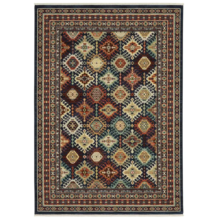 5' X 8' Navy Blue Red And Orange Oriental Area Rug With Fringe