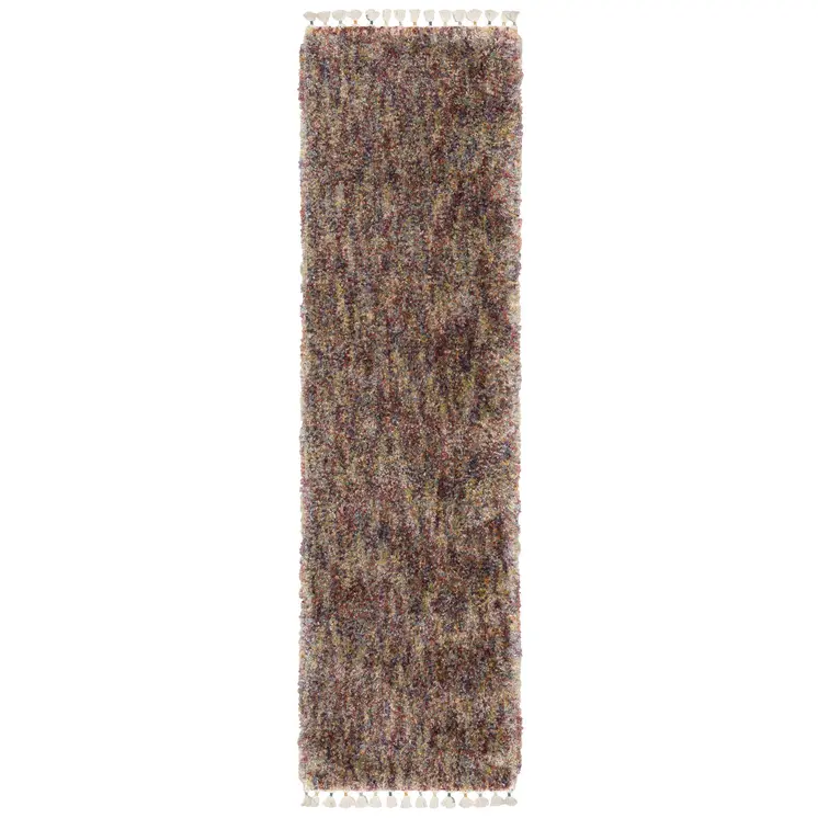 8' Red Orange And Yellow Abstract Shag Runner Rug With Fringe