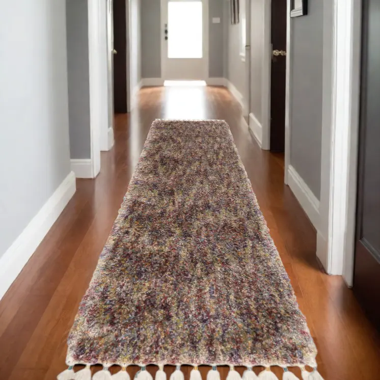 8' Red Orange And Yellow Abstract Shag Runner Rug With Fringe