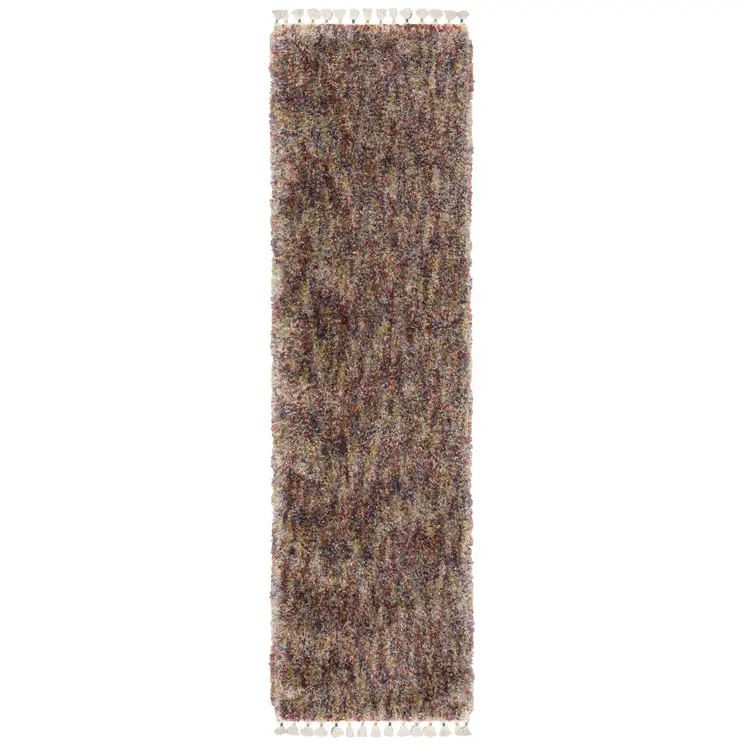 8' Red Orange And Yellow Abstract Shag Runner Rug With Fringe