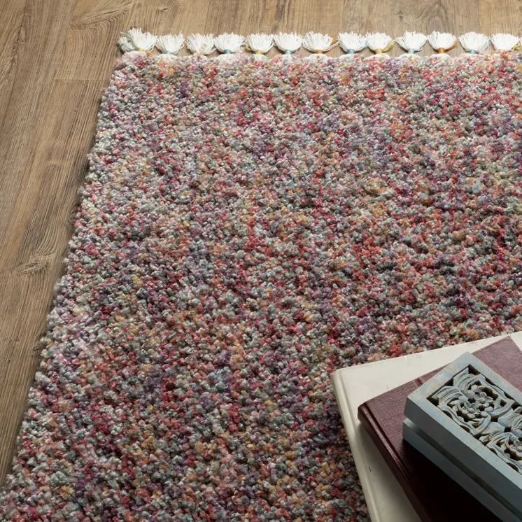 8' Red Orange And Yellow Abstract Shag Runner Rug With Fringe