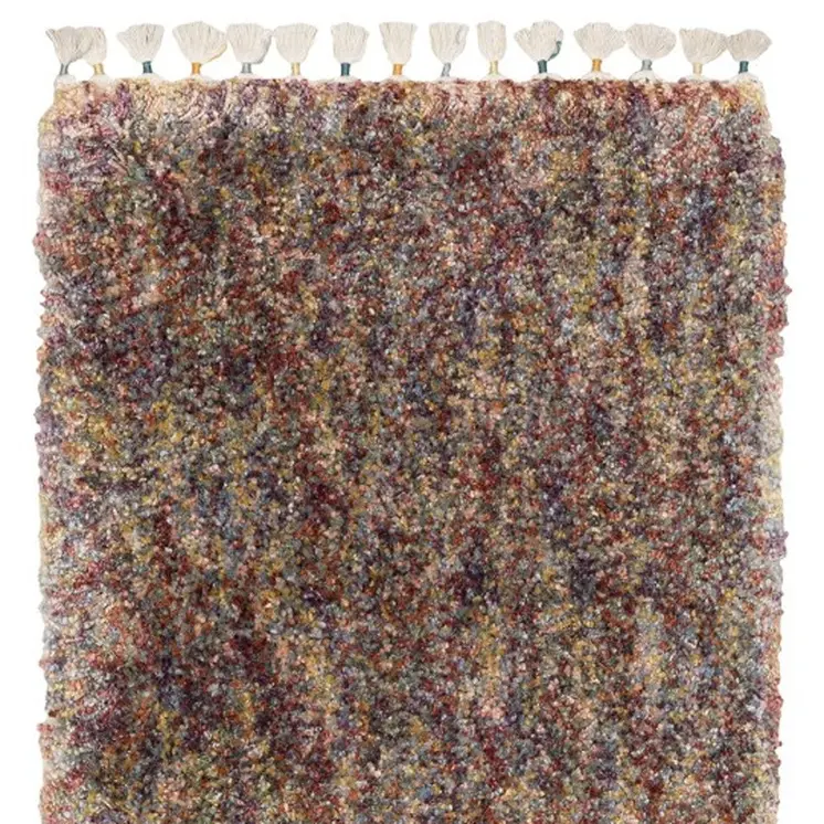 8' Red Orange And Yellow Abstract Shag Runner Rug With Fringe