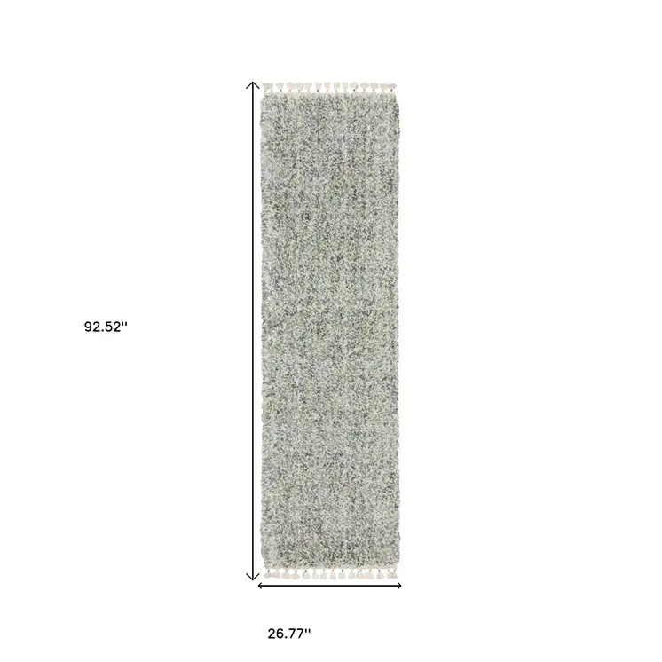 8' Light Blue And Ivory Abstract Shag Runner Rug With Fringe