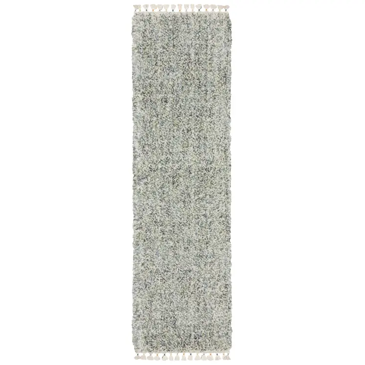 8' Light Blue And Ivory Abstract Shag Runner Rug With Fringe