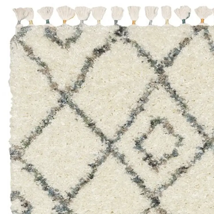8' Ivory Black And Tan Diamond Shag Runner Rug With Fringe