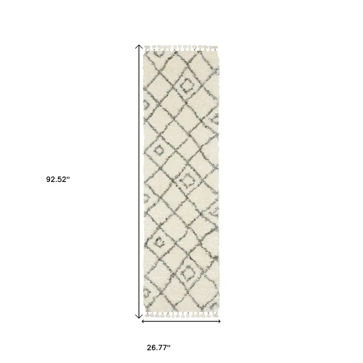 8' Ivory Black And Tan Diamond Shag Runner Rug With Fringe