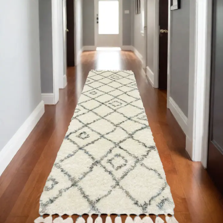 8' Ivory Black And Tan Diamond Shag Runner Rug With Fringe
