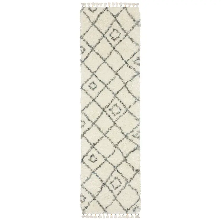 8' Ivory Black And Tan Diamond Shag Runner Rug With Fringe