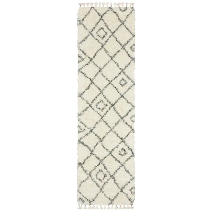 8' Ivory Black And Tan Diamond Shag Runner Rug With Fringe