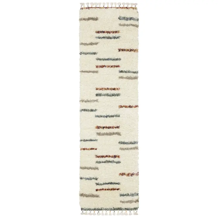 8' Ivory Gray And Tan Striped Shag Runner Rug With Fringe