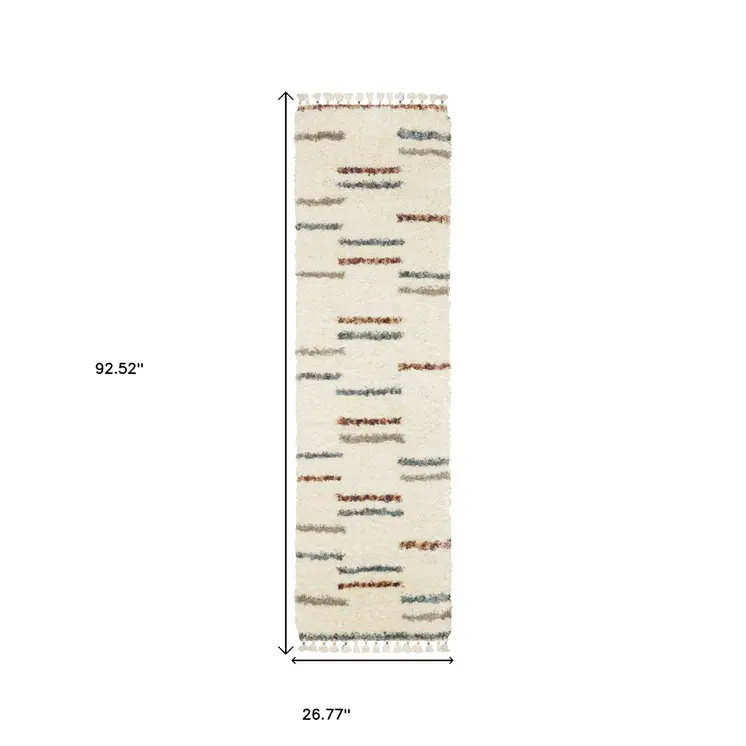 8' Ivory Gray And Tan Striped Shag Runner Rug With Fringe