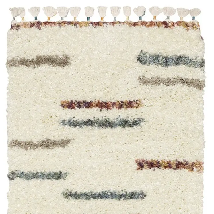 8' Ivory Gray And Tan Striped Shag Runner Rug With Fringe