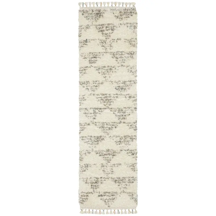 8' Ivory Gray And Teal Geometric Shag Runner Rug With Fringe