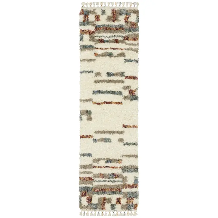 8' Ivory Tan And Red Abstract Shag Runner Rug With Fringe