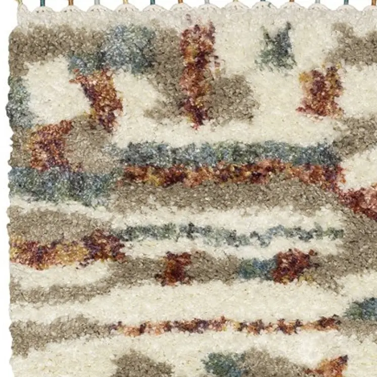 8' Ivory Tan And Red Abstract Shag Runner Rug With Fringe